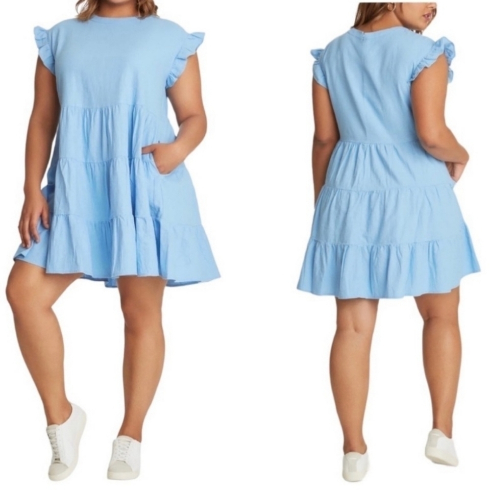 Adyson Parker Linen Size L Tiered Ruffle-Trim Shift Dress Babydoll Blue